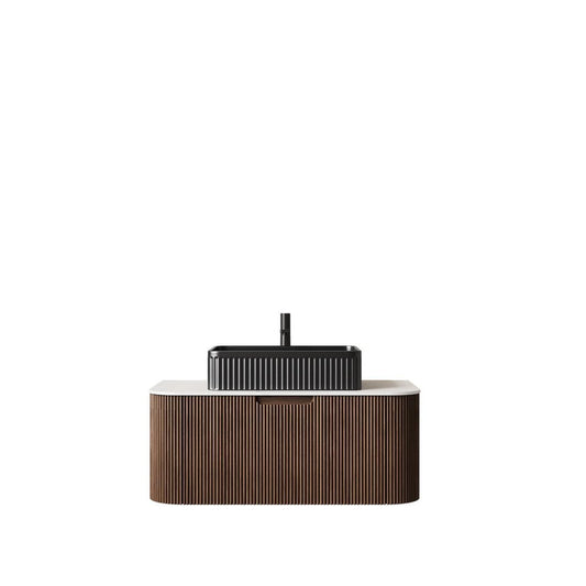 36" Brown Wood Floating Bathroom Vanity With Black Ceramic Sink
