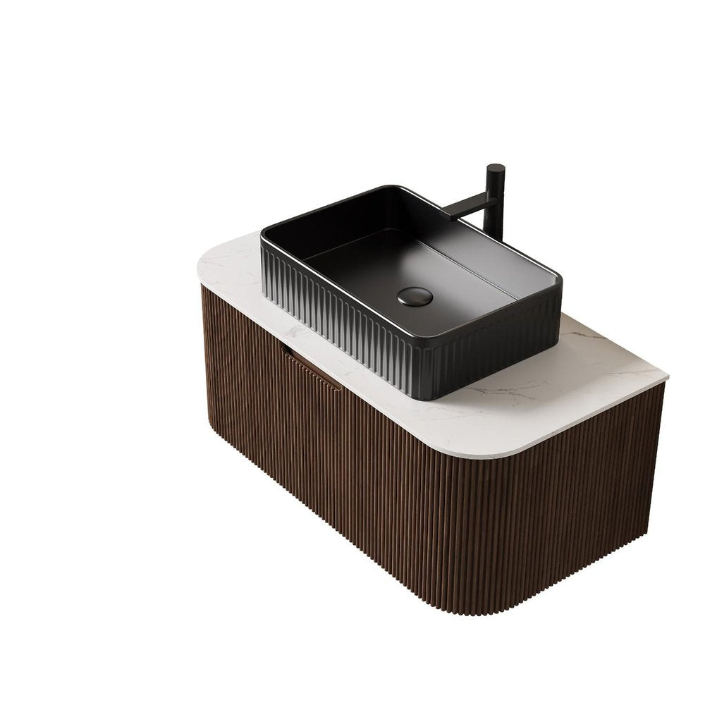 36" Brown Wood Floating Bathroom Vanity With Black Ceramic Sink HomeRoots