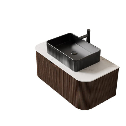 36" Brown Wood Floating Bathroom Vanity With Black Ceramic Sink HomeRoots
