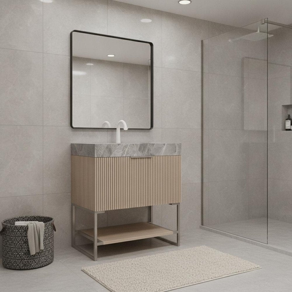 30" Brown Wood Bathroom Vanity With White Ceramic Sink — view 5