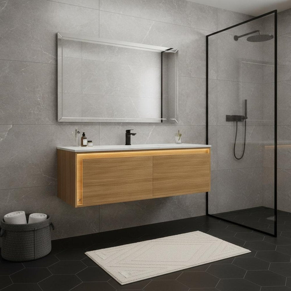 48" Brown Wood Floating Bathroom Vanity With Two Drawers — view 6