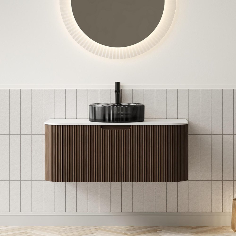 36" Brown Wood Floating Bathroom Vanity With Black Glass Sink HomeRoots