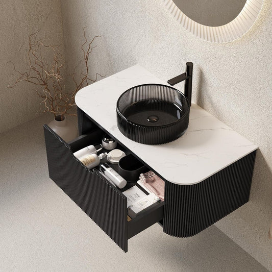 36" Black Wood Floating Bathroom Vanity With Glass Sink