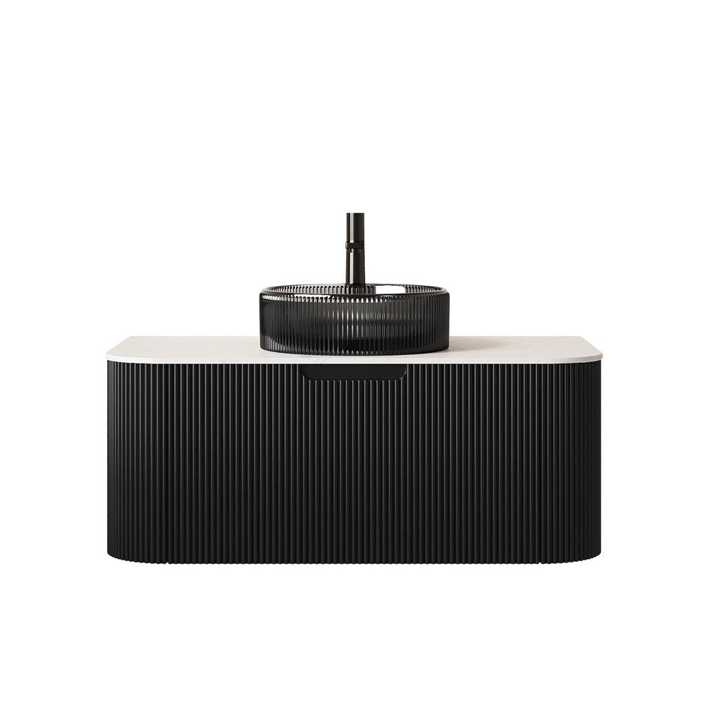 36" Black Wood Floating Bathroom Vanity With Glass Sink HomeRoots