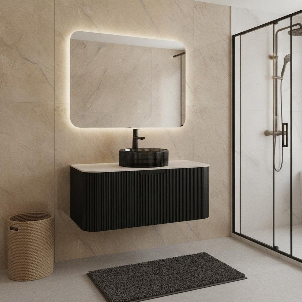 36" Black Wood Floating Bathroom Vanity With Glass Sink — view 4