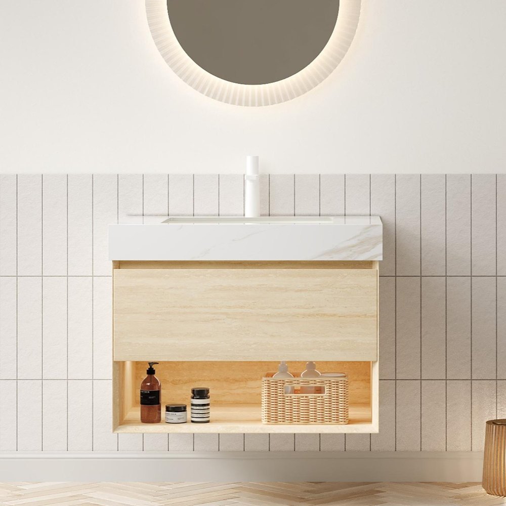 30" Brown Wood Floating Bathroom Vanity With White Ceramic Sink HomeRoots