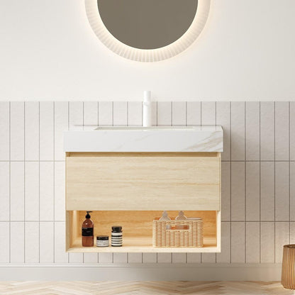 30" Brown Wood Floating Bathroom Vanity With White Ceramic Sink HomeRoots