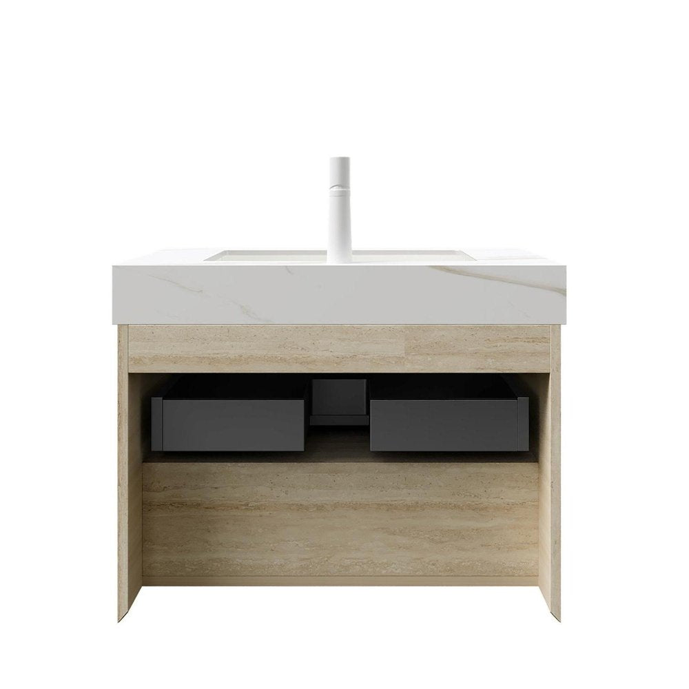 30" Brown Wood Floating Bathroom Vanity With White Ceramic Sink HomeRoots