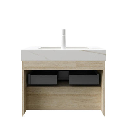 30" Brown Wood Floating Bathroom Vanity With White Ceramic Sink HomeRoots
