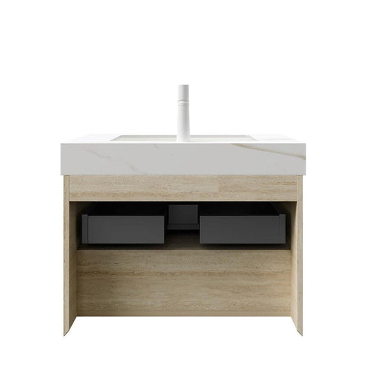 30" Brown Wood Floating Bathroom Vanity With White Ceramic Sink