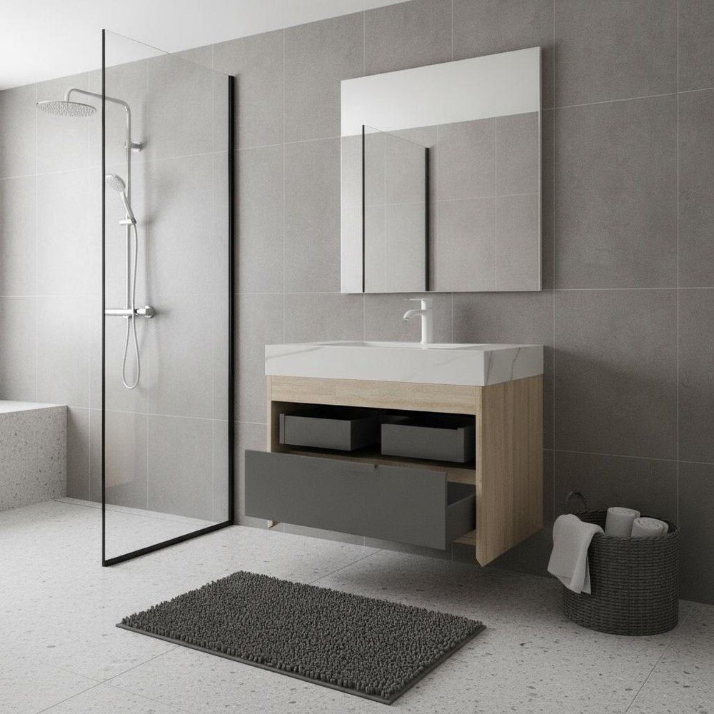 30" Brown Wood Floating Bathroom Vanity With White Ceramic Sink — view 1