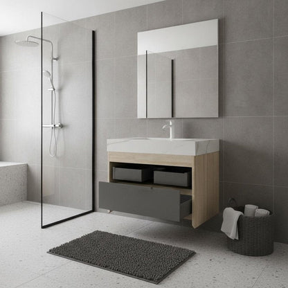 30" Brown Wood Floating Bathroom Vanity With White Ceramic Sink HomeRoots