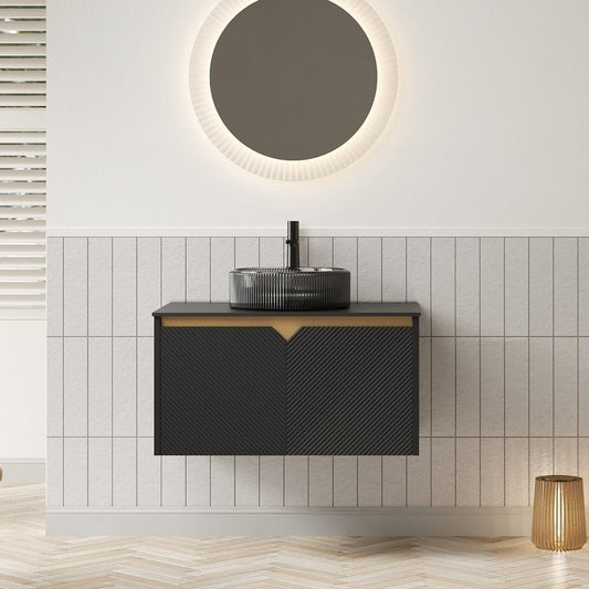 30" Black Wood Floating Double Door Bathroom Vanity With Glass Sink