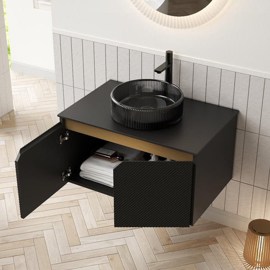 30" Black Wood Floating Double Door Bathroom Vanity With Glass Sink