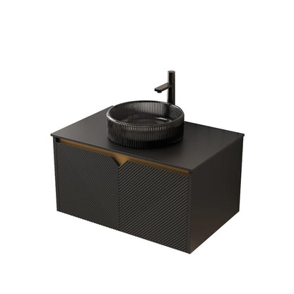 30" Black Wood Floating Double Door Bathroom Vanity With Glass Sink HomeRoots