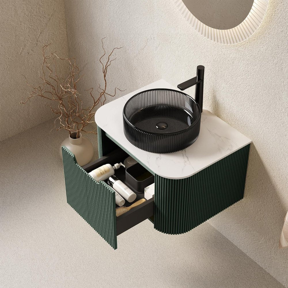 24" Green Wood Floating Bathroom Vanity With Black Glass Sink HomeRoots