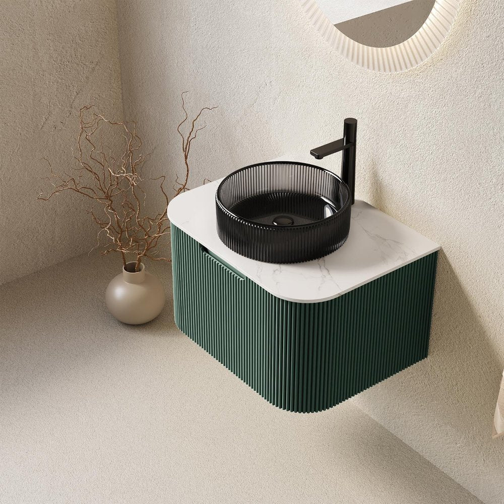 24" Green Wood Floating Bathroom Vanity With Black Glass Sink — view 2