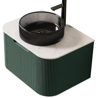 24" Green Wood Floating Bathroom Vanity With Black Glass Sink HomeRoots