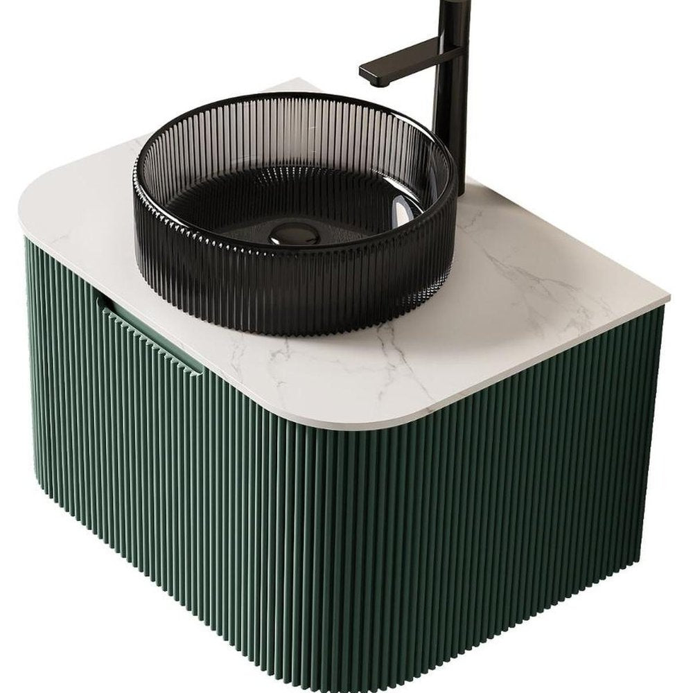 24" Green Wood Floating Bathroom Vanity With Black Glass Sink HomeRoots