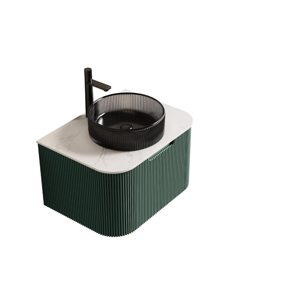 24" Green Wood Floating Bathroom Vanity With Black Glass Sink HomeRoots