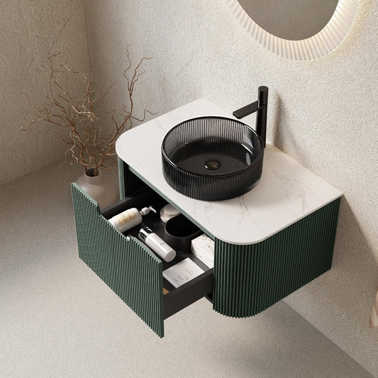 30" Green Wood Floating Bathroom Vanity With Black Glass Sink
