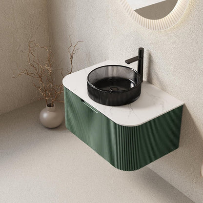 30" Green Wood Floating Bathroom Vanity With Black Glass Sink HomeRoots
