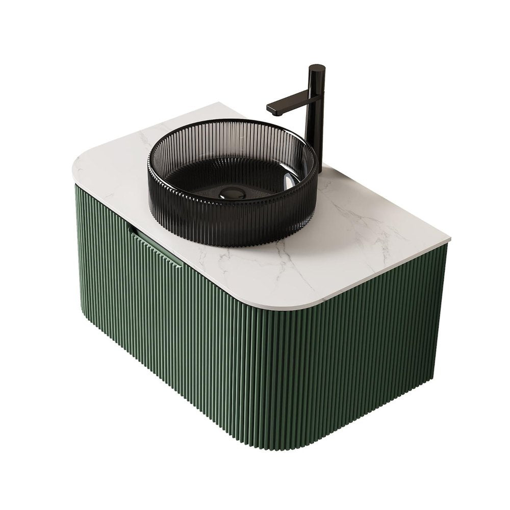 30" Green Wood Floating Bathroom Vanity With Black Glass Sink — view 3