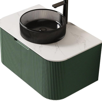 30" Green Wood Floating Bathroom Vanity With Black Glass Sink