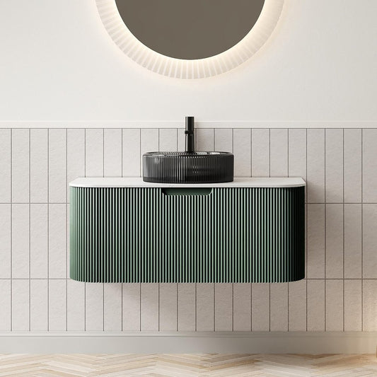 36" Green Wood Floating Bathroom Vanity With Black Glass Sink
