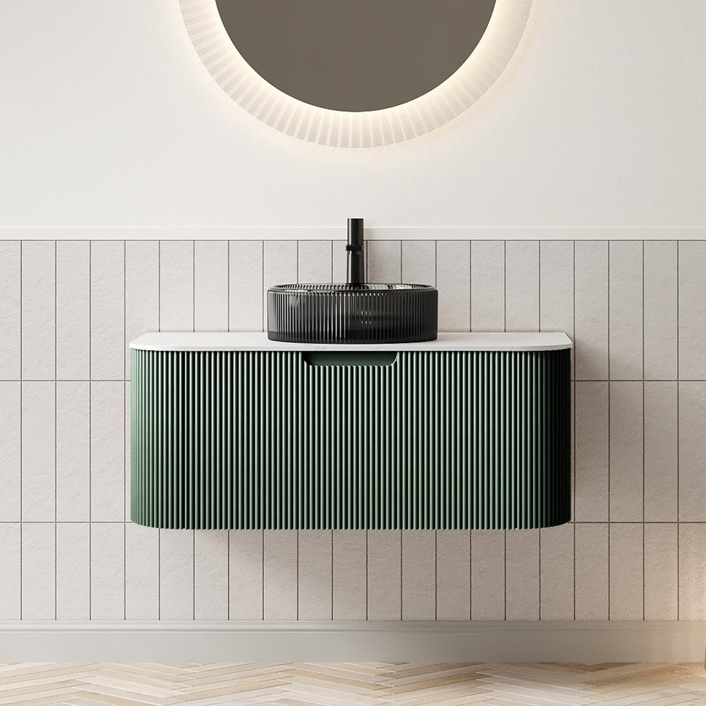 36" Green Wood Floating Bathroom Vanity With Black Glass Sink — view 1