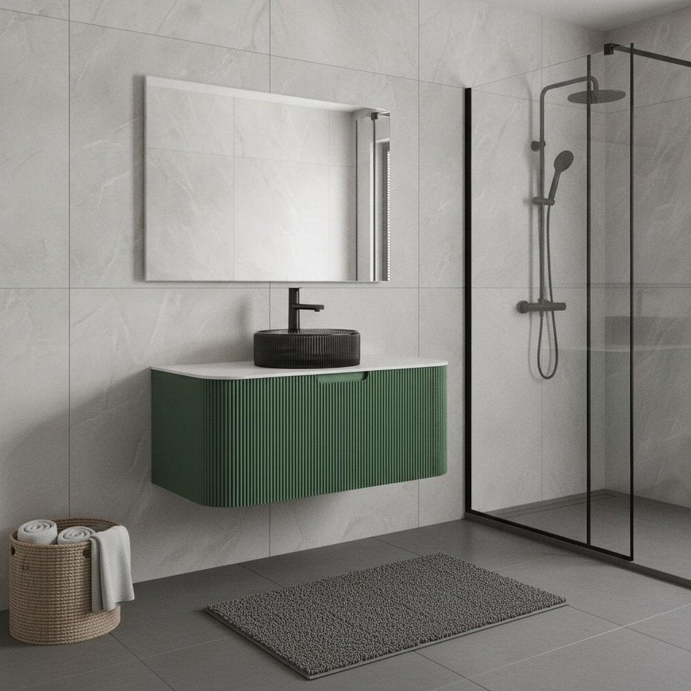 36" Green Wood Floating Bathroom Vanity With Black Glass Sink HomeRoots