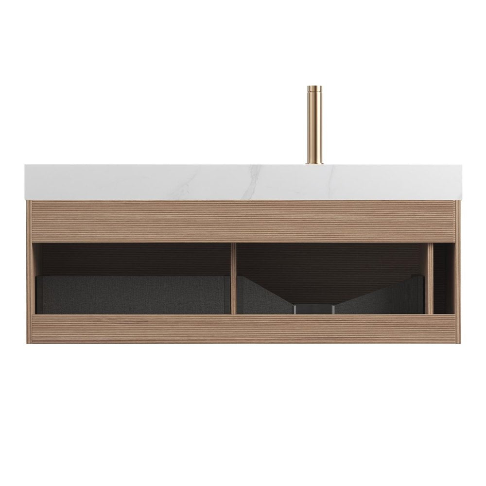 48" Brown Wood Floating Bathroom Vanity With White Ceramic Sink With Two Drawers — view 1