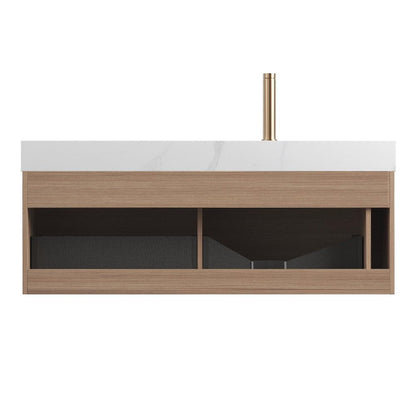 48" Brown Wood Floating Bathroom Vanity With White Ceramic Sink With Two Drawers HomeRoots