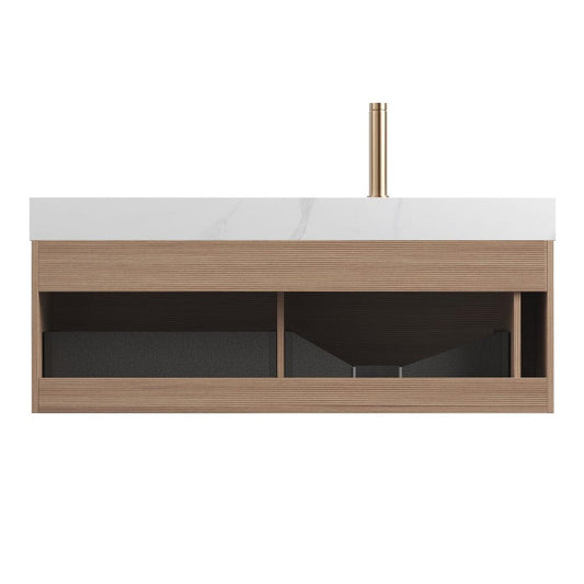 48" Brown Wood Floating Bathroom Vanity With White Ceramic Sink With Two Drawers