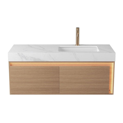 48" Brown Wood Floating Bathroom Vanity With White Ceramic Sink With Two Drawers HomeRoots