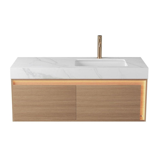 48" Brown Wood Floating Bathroom Vanity With White Ceramic Sink With Two Drawers
