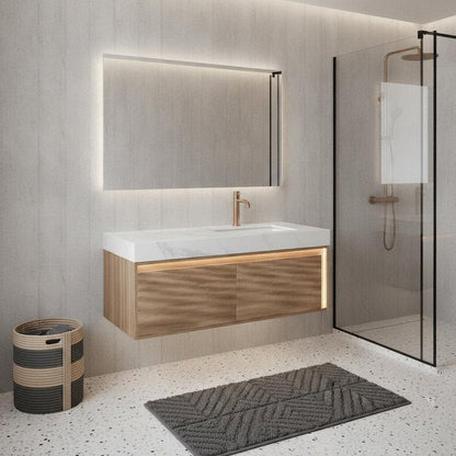 48" Brown Wood Floating Bathroom Vanity With White Ceramic Sink With Two Drawers HomeRoots
