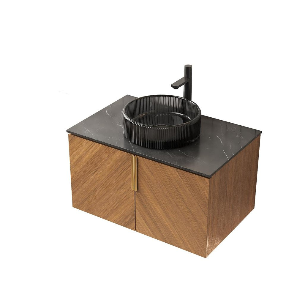 30" Brown Wood Floating Double Door Bathroom Vanity HomeRoots