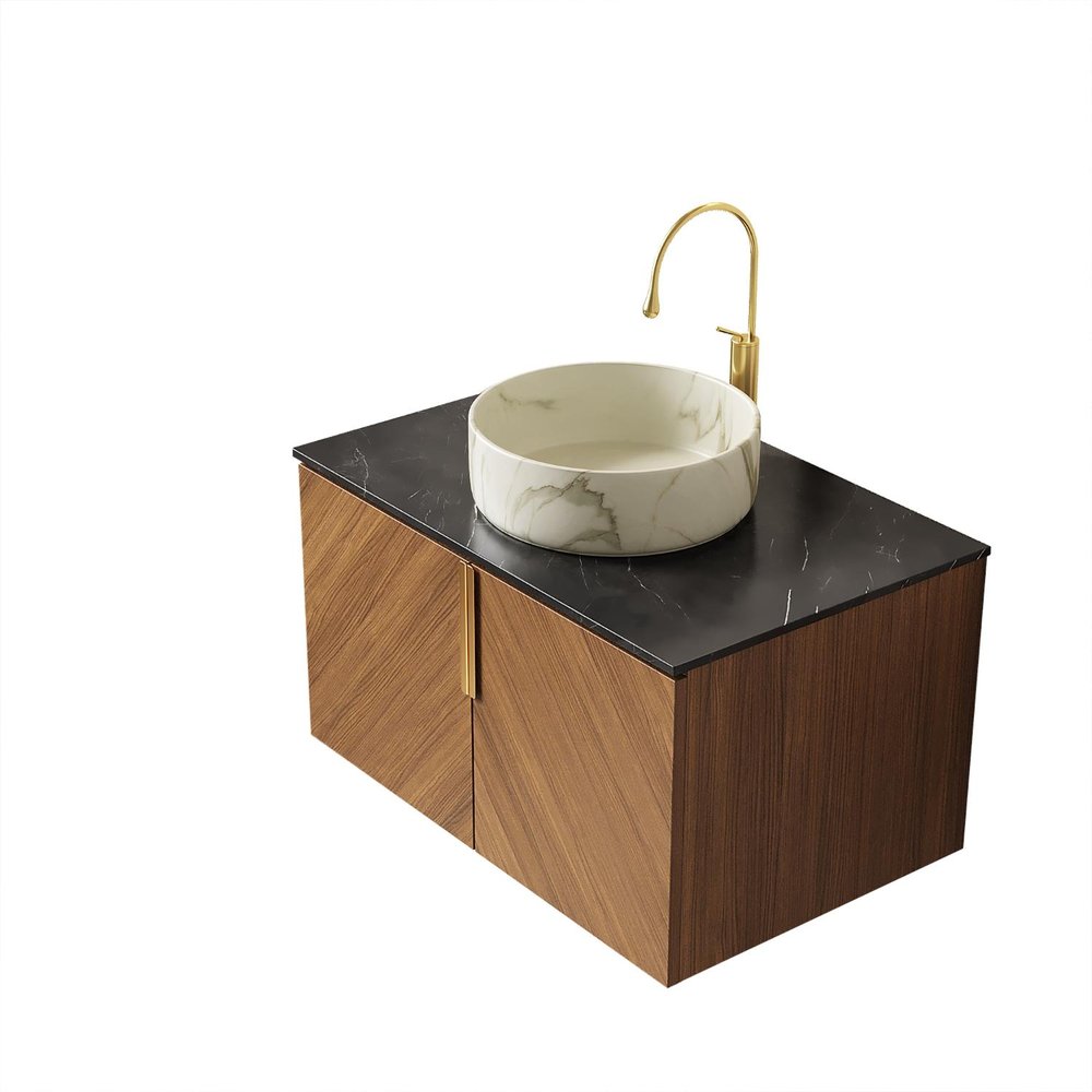 30" Brown Wood Floating Double Door Bathroom Vanity — view 3