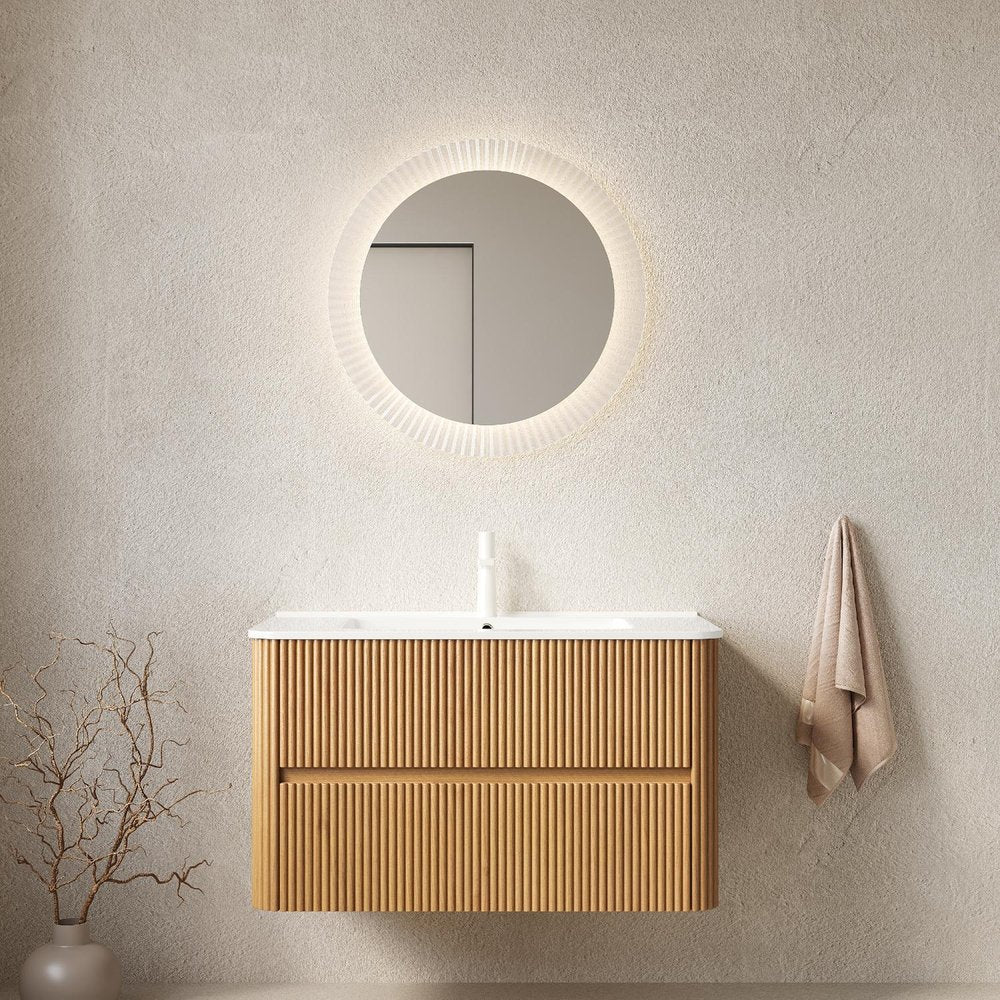 36" Brown Wood Floating Bathroom Vanity With White Ceramic Sink With Two Drawers — view 1