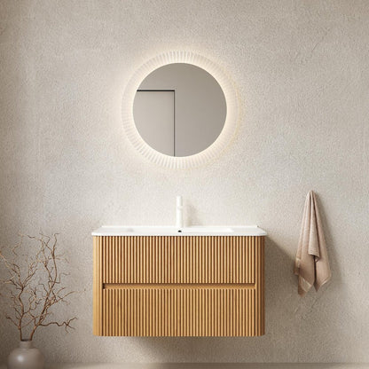 36" Brown Wood Floating Bathroom Vanity With White Ceramic Sink With Two Drawers HomeRoots