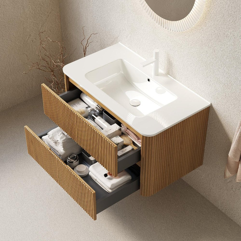 36" Brown Wood Floating Bathroom Vanity With White Ceramic Sink With Two Drawers HomeRoots