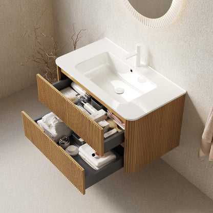 36" Brown Wood Floating Bathroom Vanity With White Ceramic Sink With Two Drawers HomeRoots