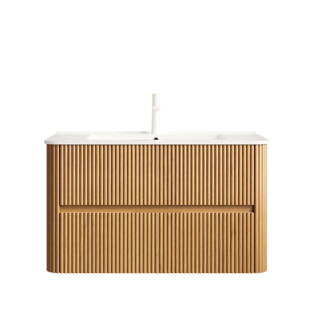 36" Brown Wood Floating Bathroom Vanity With White Ceramic Sink With Two Drawers — view 5