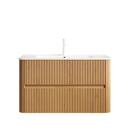 36" Brown Wood Floating Bathroom Vanity With White Ceramic Sink With Two Drawers HomeRoots
