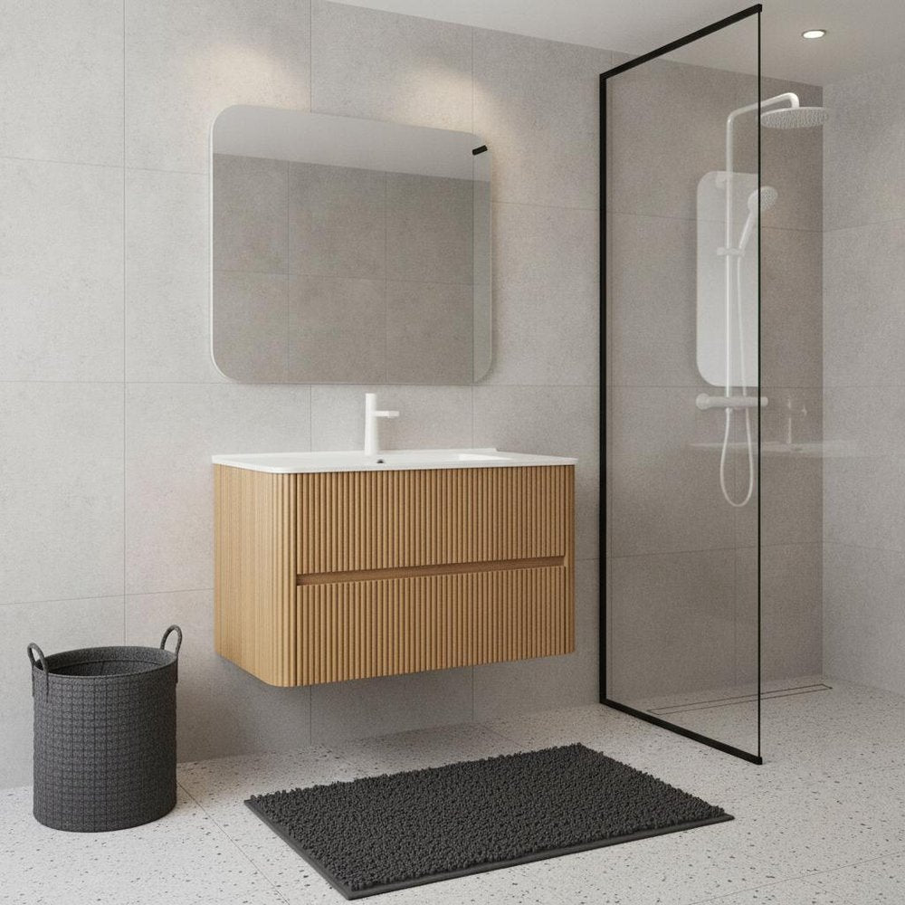 36" Brown Wood Floating Bathroom Vanity With White Ceramic Sink With Two Drawers — view 6
