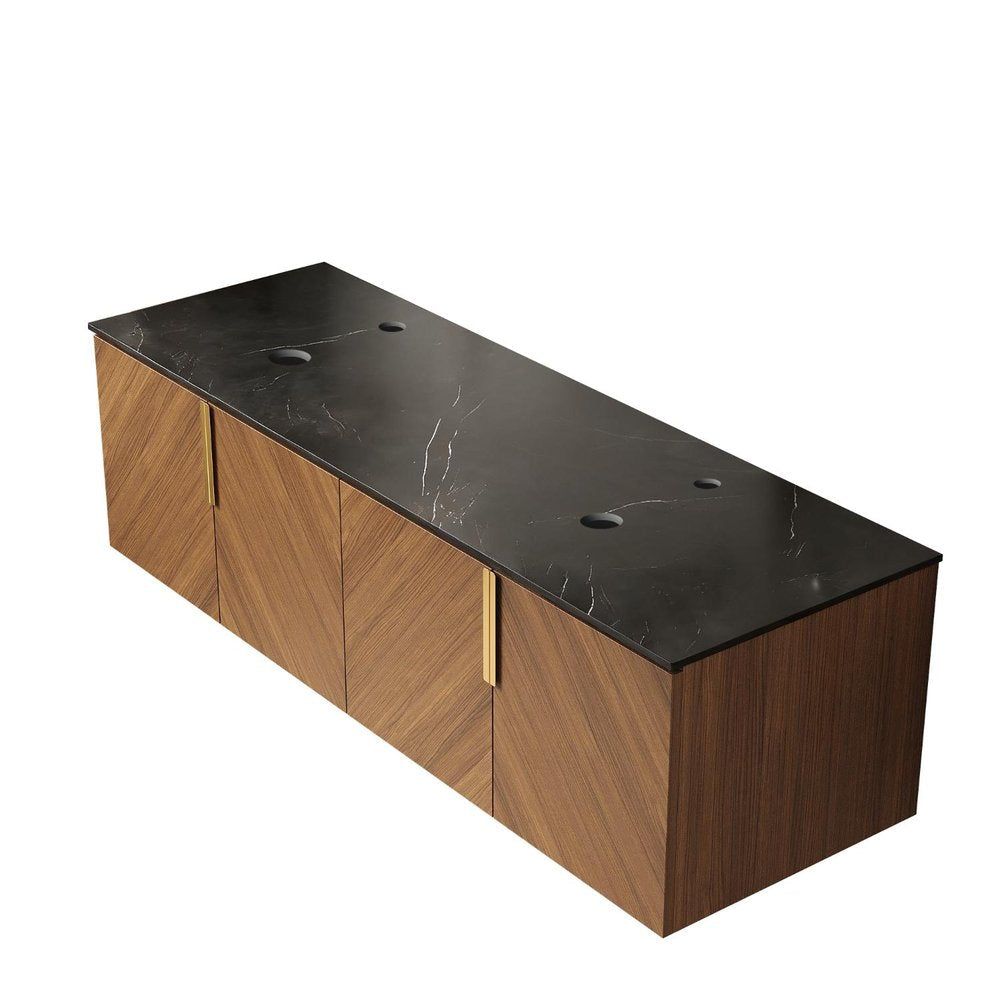 60" Brown Wood Floating Four Door Bathroom Vanity — view 2