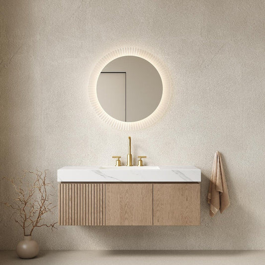 48" Brown Wood Floating Double Door Bathroom Vanity With White Ceramic Sink