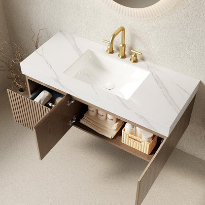 48" Brown Wood Floating Double Door Bathroom Vanity With White Ceramic Sink HomeRoots