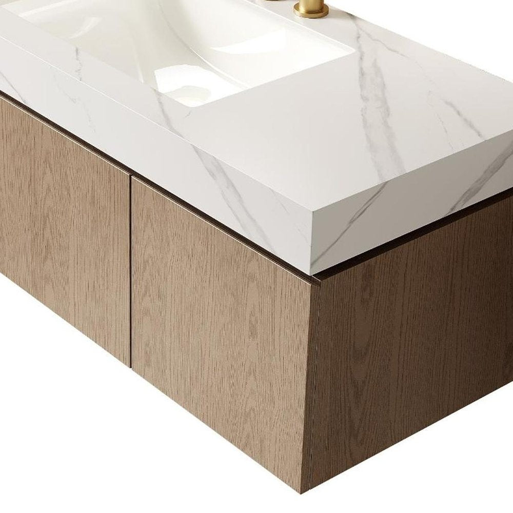 48" Brown Wood Floating Double Door Bathroom Vanity With White Ceramic Sink — view 3